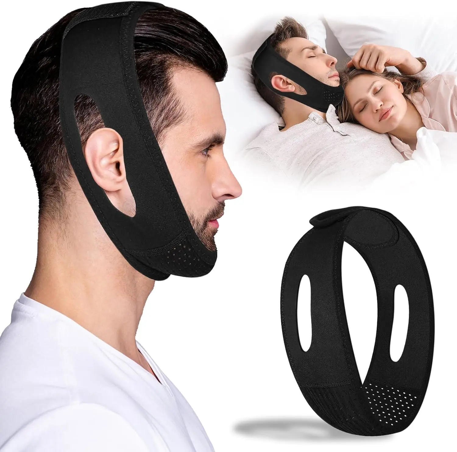 Adjustable Breathable Anti Snore Chin Strap for Men Women, Black