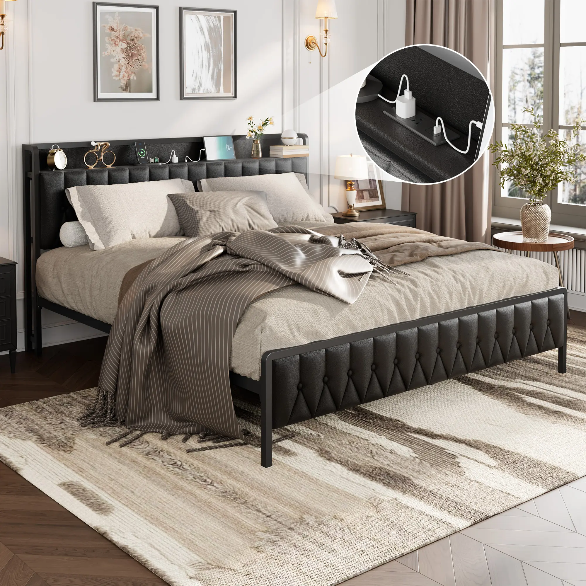 Modern Black Bedroom Furniture Set - King Size Platform Bed - PU Faux Leather, Button Headboard & Footboard, Built-in Charging Station, 12" Storage, Noise-Free, No Box Fresh Needed