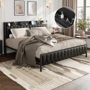 Modern Black Bedroom Furniture Set - King Size Platform Bed - PU Faux Leather, Button Headboard & Footboard, Built-in Charging Station, 12" Storage, Noise-Free, No Box Fresh Needed
