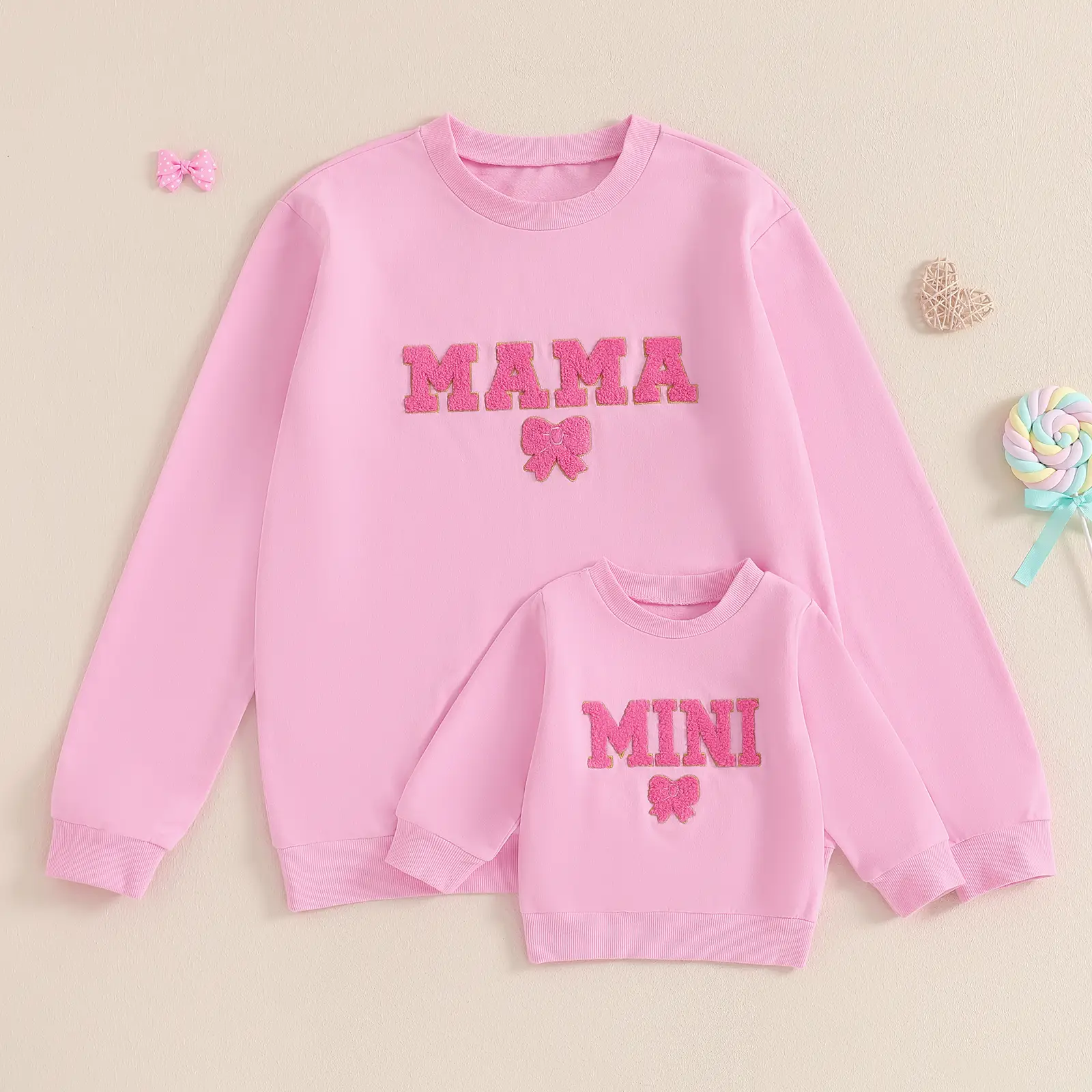 Mommy and Me Matching Outfits Long Sleeve Bow Embroidery Sweatshirts Pullovers Set day outfit