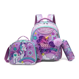 Unicorn Backpack for Girls School Backpacks for Elementary Kindergarten Student Kids Back to School Supplies with Lunch Box Pencil Case 3 in 1 Bookbag for Girls Ages 6-8 8-10 Purple