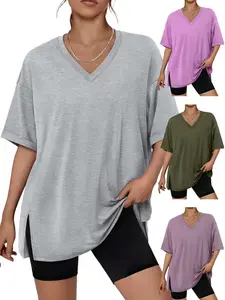 2026 Trendy Queen Plus Size Oversized V-Neck Tshirt Breathable Elastic Fabric Tunic Top for Workout Gym Casual Homing Wear