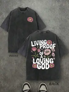 Vintage Living Proof Of A Loving God Floral Christian T-Shirt, Washed Black Cotton Oversized Short Sleeve Tee, Retro Pink Wildflower Front Back Print Faith Crewneck Shirt