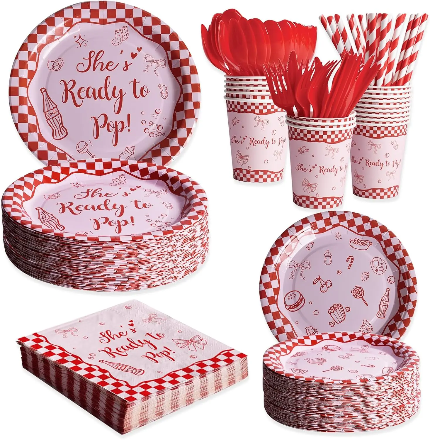 Lightweight Paper Retro Cartoon Print Disposable Tableware Set, 200PCS Red & White Plates-Napkins, Serves 25 for Baby Girl Gender Reveal, Home Festive Party Supplies