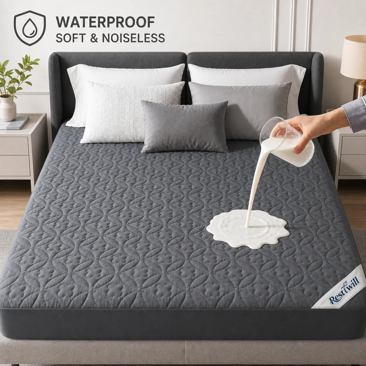 Waterproof Quilted Mattress Protector, Soft Noiseless Fitted Mattress Pad with Deep Pocket, Breathable Machine Washable Bed Cover, Twin Full Queen King, White/Gray