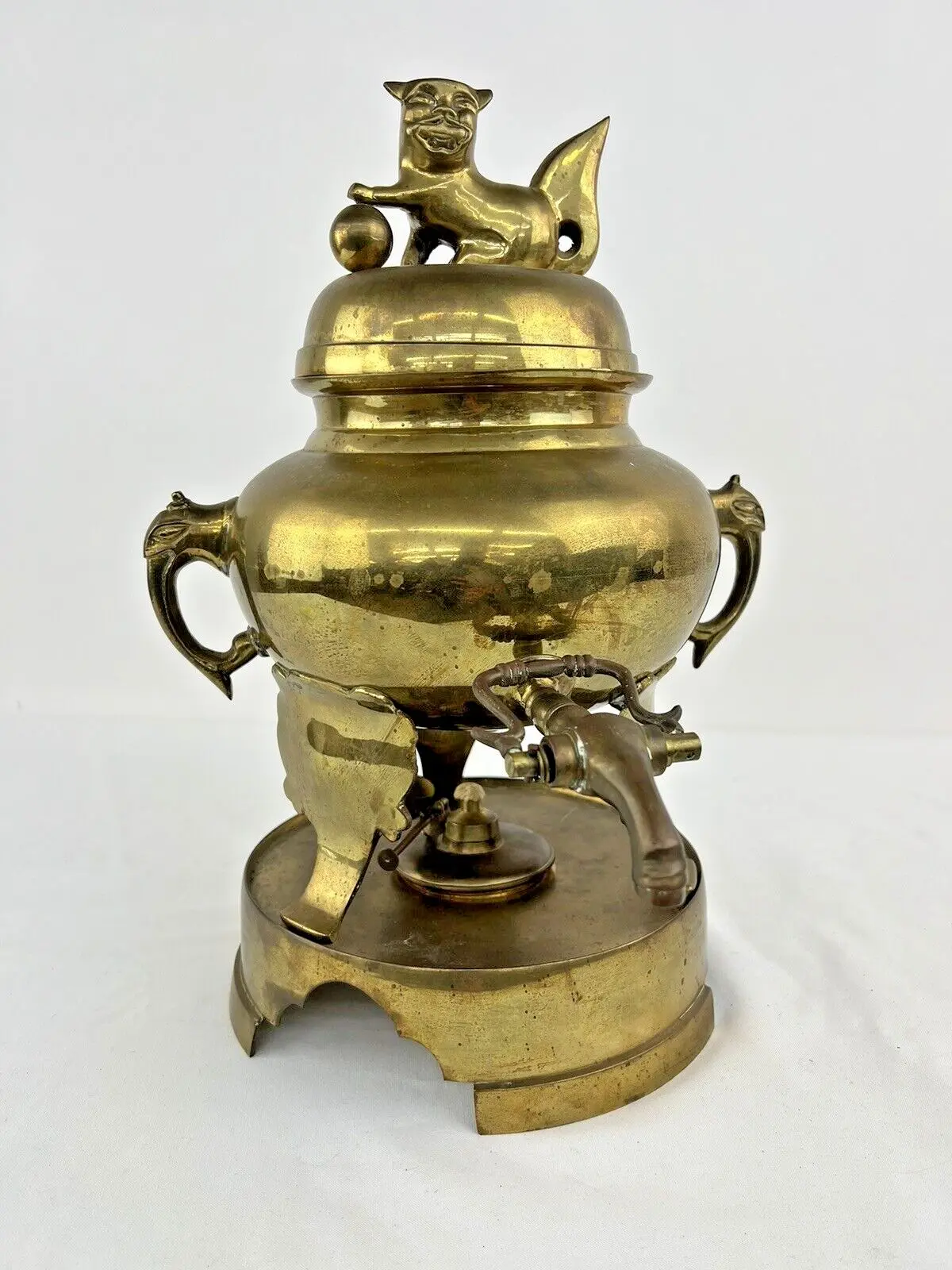 Vintage Asian Brass Samovar Censer Converted to Hot Water Pot w/ Foo Dog Finial