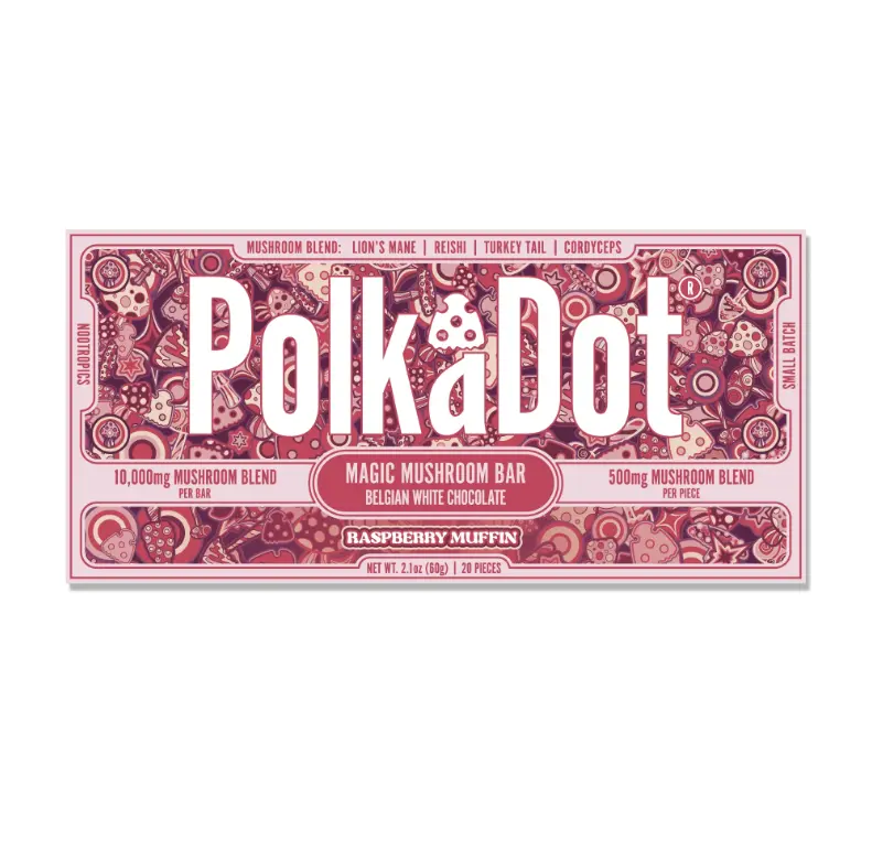 Polkadot Belgian Chocolate, Raspberry Muffin, 20 Count, High Potency Plant-based Mushroom Snack, 100% Organic, High-Quality Ingredients, Made in USA, All Natural, Healthy Chocolate, 20 Piece Chocolate Bar