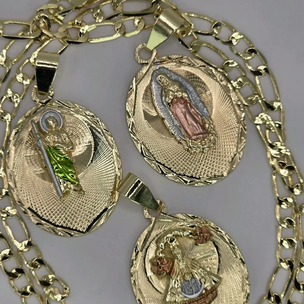 Our Lady of San Juan de los Lagos San Judas Tadeo Or Virgen de Guadalupe Religious Pendant Necklace Gold Tone Chain