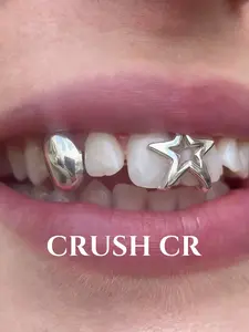 CRUSH CR 1pc 14K Gold Plated Copper Star & Mirror Tooth Cap Grillz, Tooth Gems – Y2K Hip-Hop Jewelry for Women, Men & Boys. Perfect for Parties, Halloween, Cosplay & Gifts! Bling Accessory for Any Occasion
