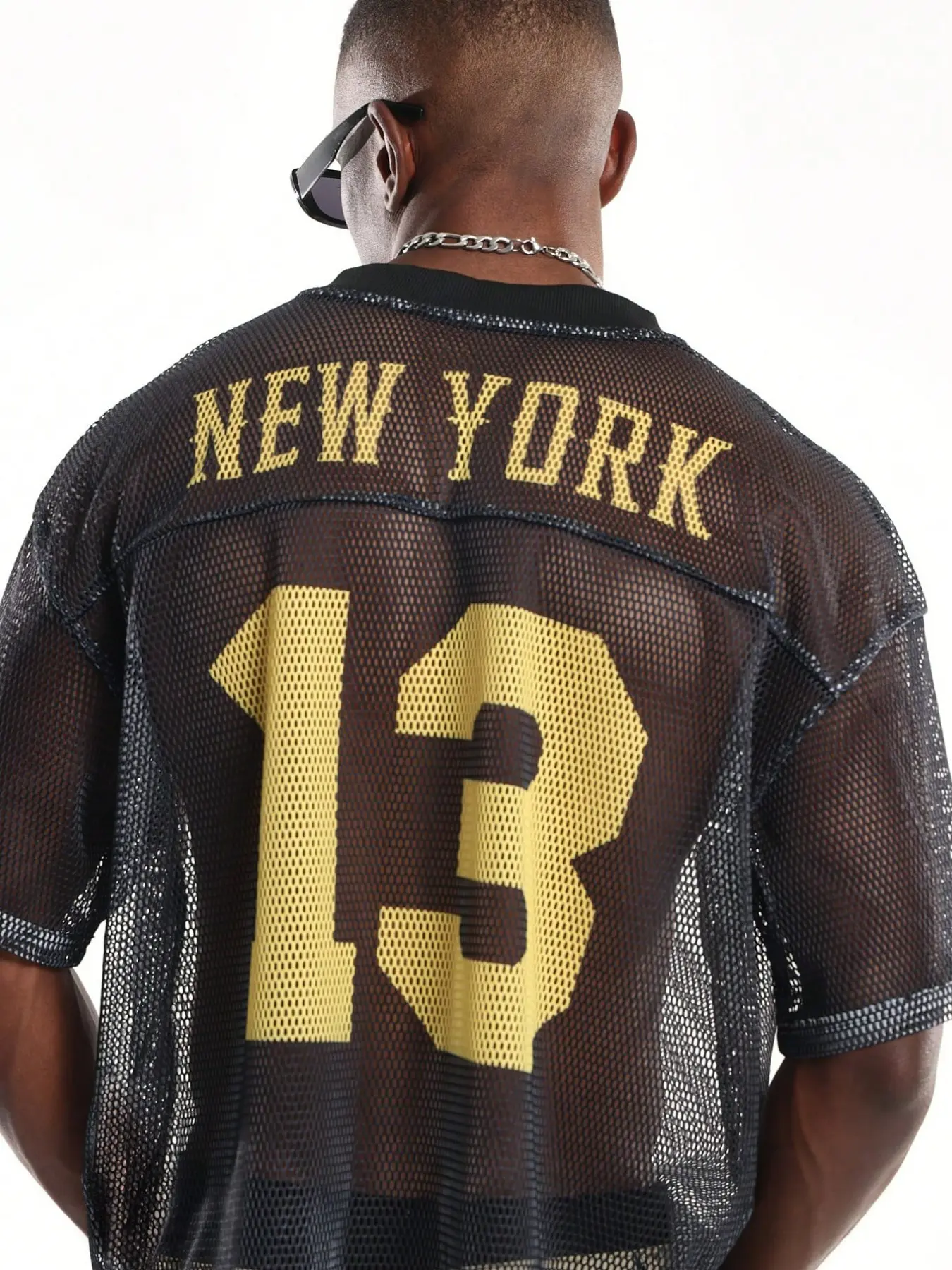 1PC Men's Streetwear Mesh Jersey T-Shirt, Athletic Style Short Sleeve Top with Yellow Number 13 Print, Casual Printed, Casual Letters Print, Breathable See-through Fashion Shirt for Summer