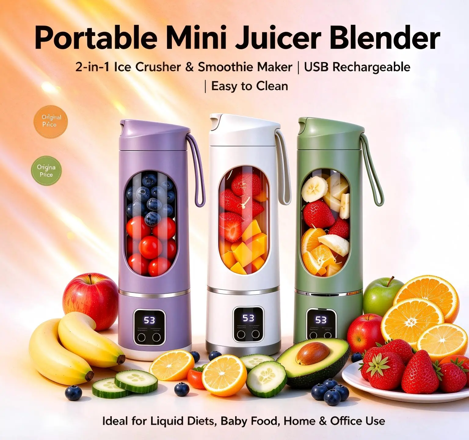 【Exclusive to Live Auction Broadcasts】Portable Mini Juicer Blender - 2-in-1 Ice Crusher & Smoothie Maker, USB Rechargeable, Easy to Clean, Ideal for Liquid Diets, Baby Food, Home & Office Use, Back-to-School Gift