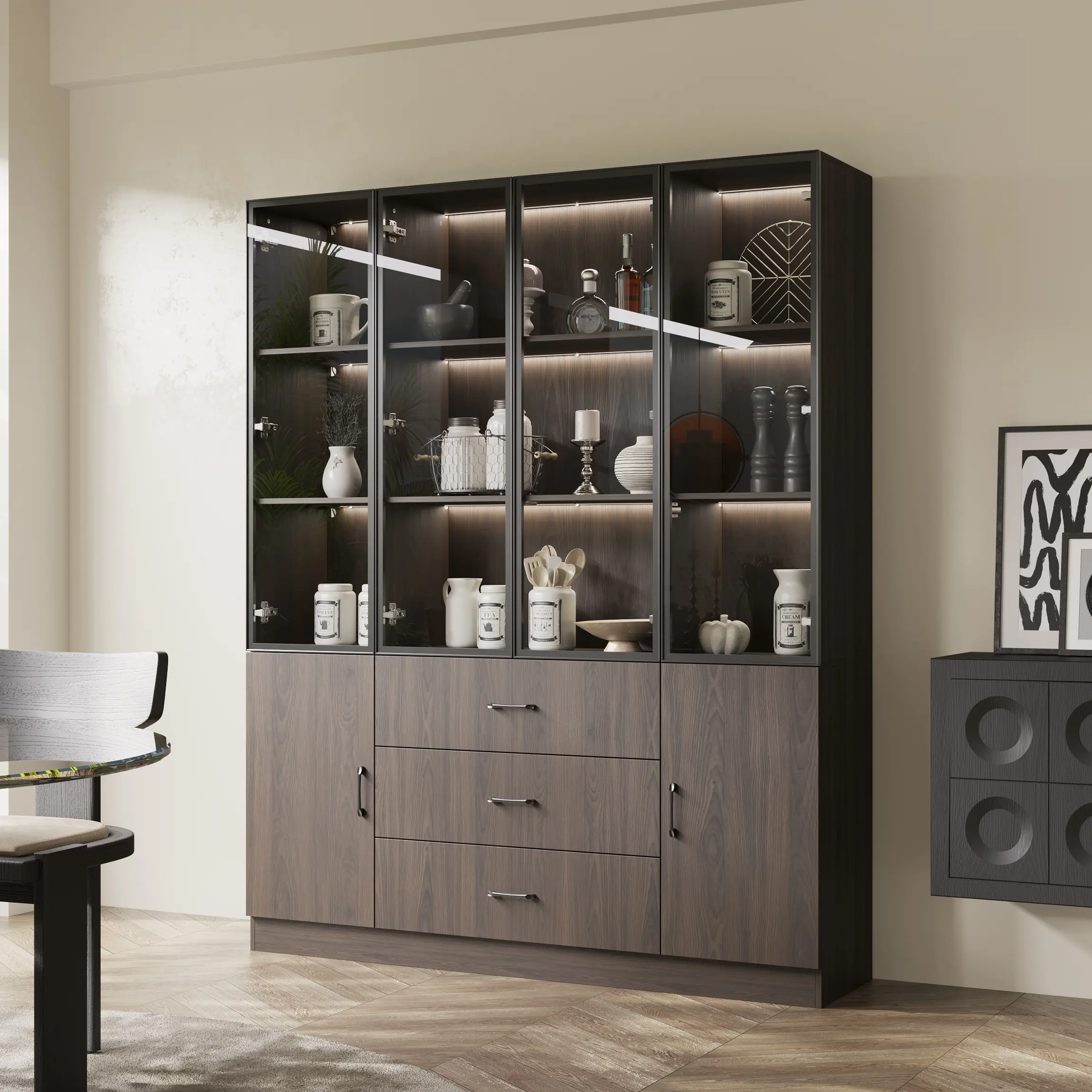 FUFU&GAGA 4-Door Glass Display Curio Cabinet with LED Light, Dark Walnut Tall Sideboard Buffet Storage Cabinet with 3 Drawers, Anti-Tip Wine Cabinet for Dining Room Living Room
