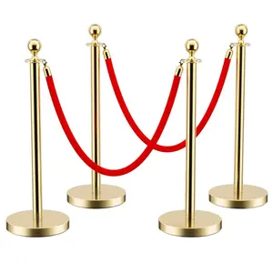 4Pcs Stanchions and Velvet Ropes, Gold Stanchions with Retractable Belts, Crowd Control Barriers with Hollow Base, Red Carpet Ropes and Posts for Event & Party Supplies