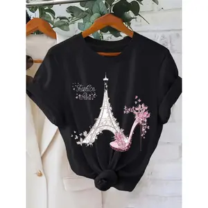 Eiffel Tower Colorful Floral T-Shirt - Pure cotton regular short sleeve, 2025 new style, suitable for all seasons, floral elements add vitality, full of European style!