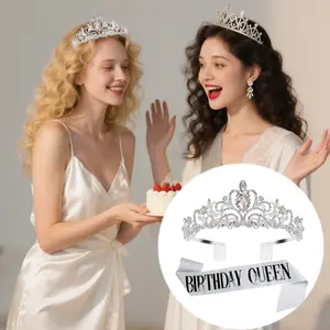 2PCS Set Birthday Queen Tiaras Crown And Sash For Women Girls Princess Crowns Silver Birthday Party Decoration Headband With Birth Sash Decorations Accessories For Birthday Wedding Prom Party