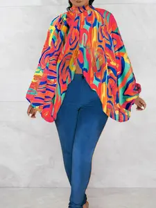 Women's High Neck Batwing Sleeve Loose Fit Top, Abstract Print Backless Design, Casual Fashion Long Sleeves Blouse
