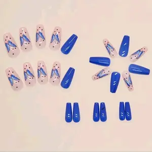 Long Coffin Blue Butterfly Press On Nails 24 CT