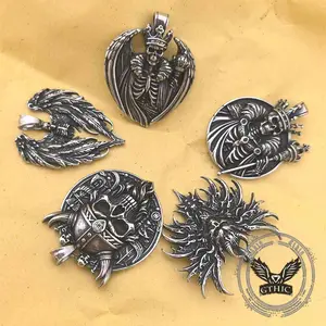 GTHIC Gothic Wings Skull Stainless Steel Viking Pendant Dark Fashion Accessory for Street Style or Festivals