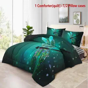 3-Piece Luxury Quilt Set (quilt + Pillowcases), Dragonfly Floral Design, Soft Skin-Friendly Bedding, Ideal for Bedroom or Guest Room