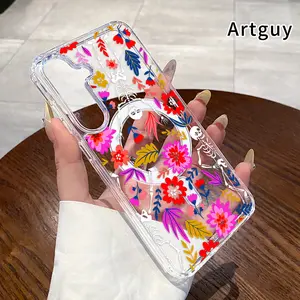 Magnetic Soft Case for  Samsung Galaxy S23 Ultra S24 Plus FE S25 S22+ Non-Yellowing Drop Protection Transparent Acrylic Large Hole Floral Skeleton Pattern Shockproof Silicone Cover Supports Wireless Charging