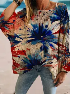 Spring Summer Elegant Women's One Shoulder Diamond Cutout Batwing Loose Fit Long Sleeve Knit Top, Casual Floral Print Sweater, Knitwear