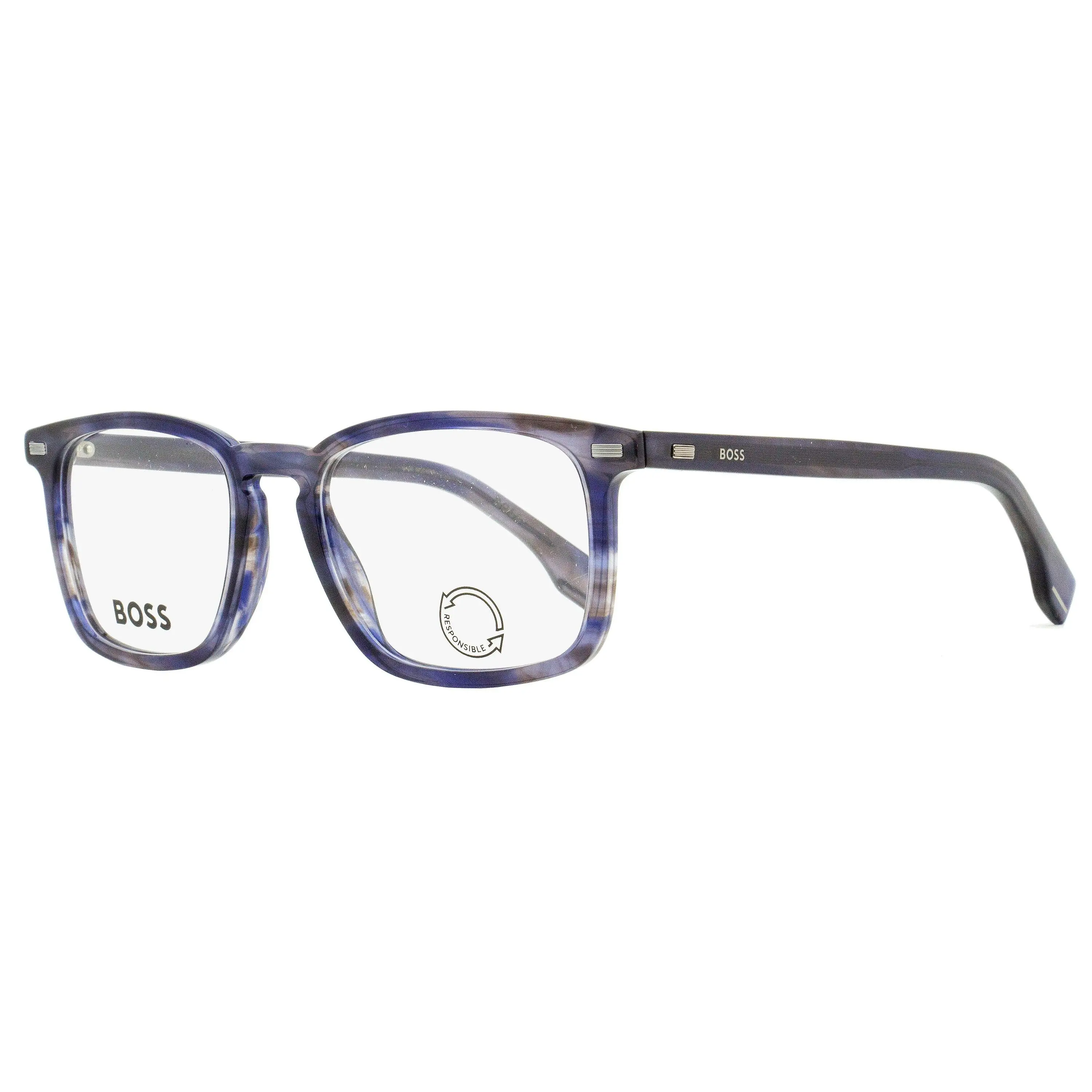 HUGO BOSS Men's B1368 Rectangular Eyeglasses, Contemporary Eco Acetate Frame in Blue Havana with Boss Branding, 53mm, Contemporary Designs, Demo Lenses Included, Full Rim, Keyhole Bridge Design, Male, Metal Rivet Details, Rectangle, Custom Lens Men's Fram