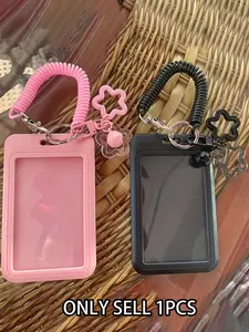 Morandi Star Charm Slide Cover Card Holder Case For ID/Access Card,Back To School,Student ID,Star Keychain/Spring Lanyard,Expandable Spring Cord,for Bus,Campus,Office,Credit Card,Photo Card Holder