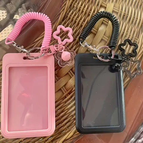 Morandi Star Charm Slide Cover Card Holder Case Portable For ID/Access Card, Id Badge Holder With Lanyard, Spring Lanyard, for Bus, Campus, Office, Removable Cardholder, Badge Accessories