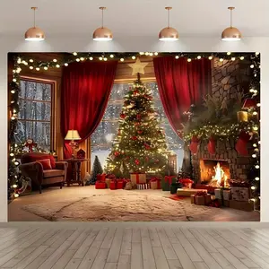 Christmas Themed Background Banner, 1 Count Christmas Tree & Fireplace Pattern Wall Decor, Wall Hanging Banner for Home Party Garden Decoration, Ornaments