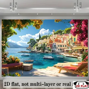 2D Flat Banner 1pc, banner, , Italy Coastal City SceneBackground Photo Props, Banner Decor, Home Decor, Room Decor, , Party Background Decor, Party Decor/supplies/gifts Decorative Background, party banner, Eve