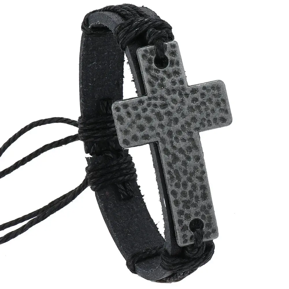 Women’s Vintage Cross Leather Bracelet – Black Brown Braided Christian Jewelry Bangle