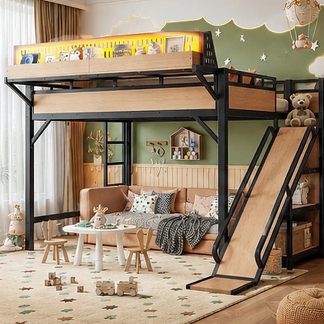 Queen Size Loft Bed with Slide, Storage Shelves, Built-in Wardrobe, Metal Frame with USB Ports, LED Lights, Pegboard, Full-Length Guardrails, MDF+Metal, Natural/Black Options, for Kids Teens Bedroom, No Box Spring Needed, Full/Queen/Twin XL