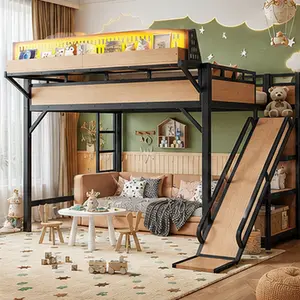 Queen Size Loft Bed with Slide, Storage Shelves, Built-in Wardrobe, Metal Frame with USB Ports, LED Lights, Pegboard, Full-Length Guardrails, MDF+Metal, Natural/Black Options, for Kids Teens Bedroom, No Box Spring Needed, Full/Queen/Twin XL