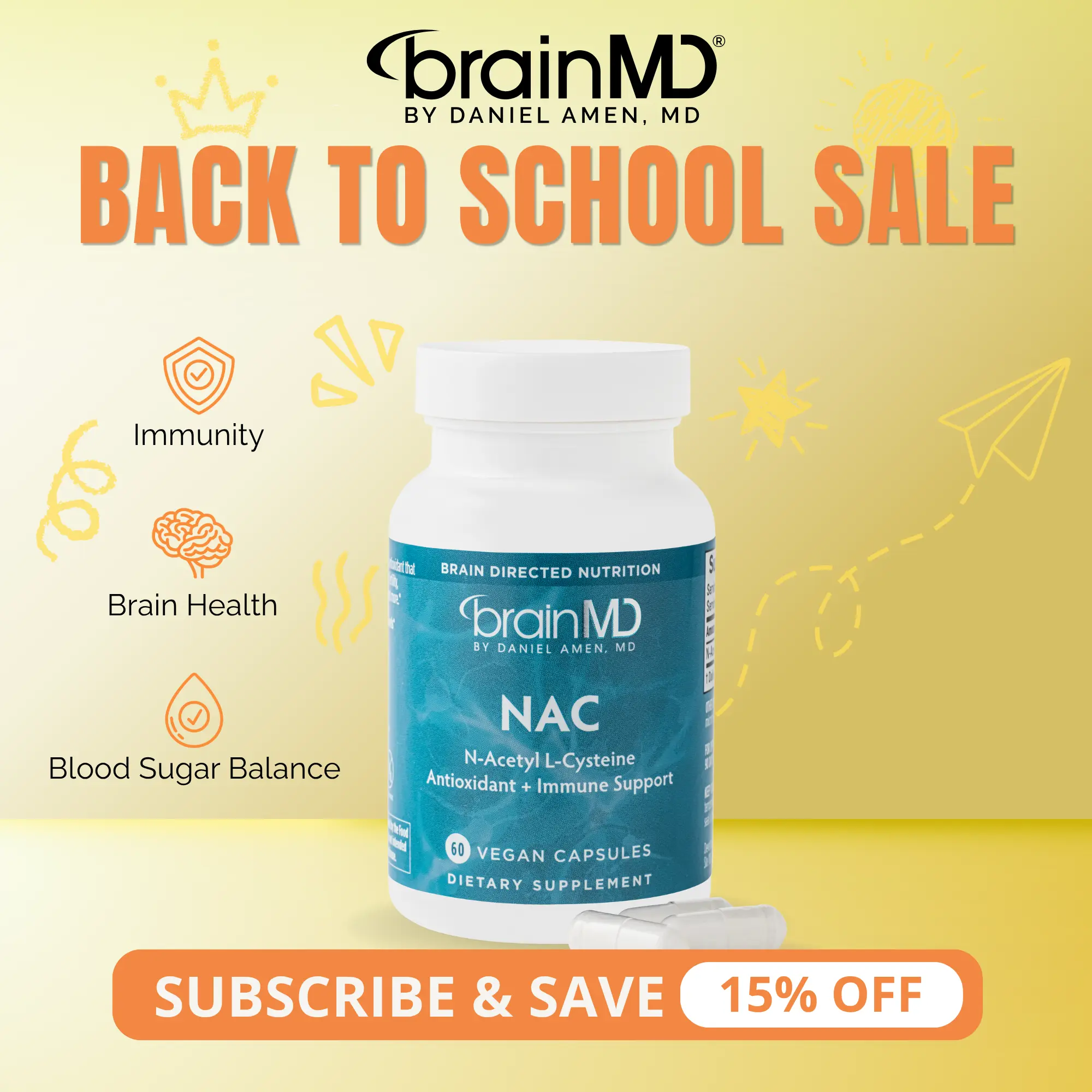 NAC (N-Acetyl L-Cysteine) | BrainMD | 60 Capsules | Antioxidant & Detox Support | Brain Health & Immune Support | 600mg NAC