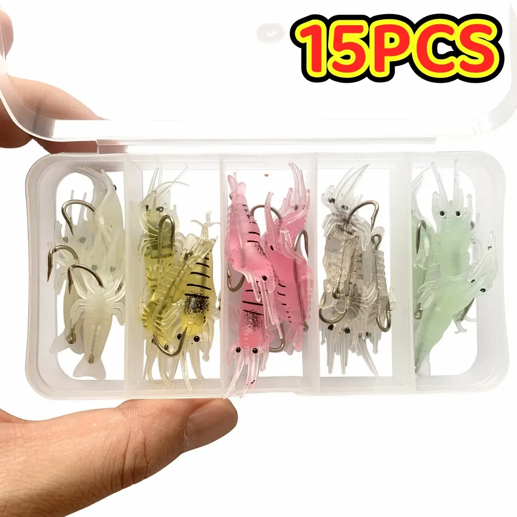 15-Pack Soft Shrimp Lures (Micro Size: 1.77" / 0.035oz) - Glow & Multi-Color PVC Baits with High Carbon Hooks for Crappie/Trout/Bass