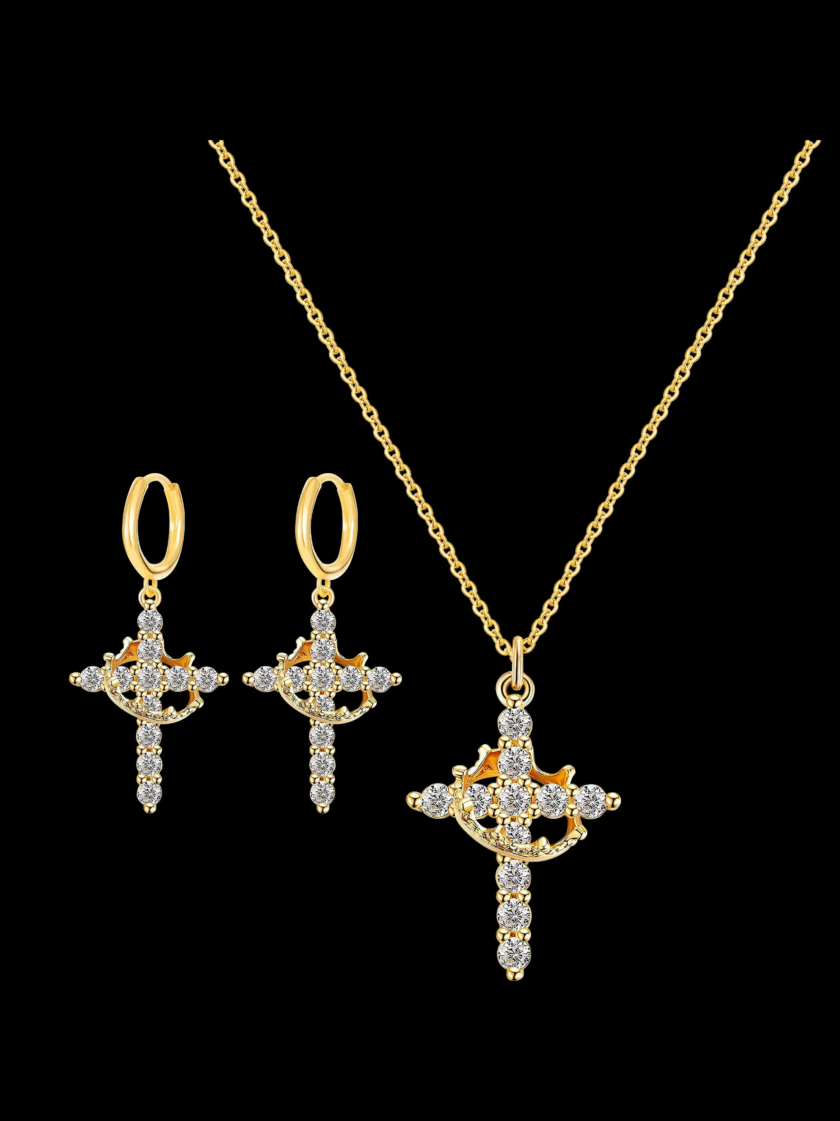 Elegant Women's Jewelry Set, Complete Accessories Set, 3-Piece Crown Cross Necklace Earrings Combo, Perfect Gift for Special Occasions, Fashion Accessories