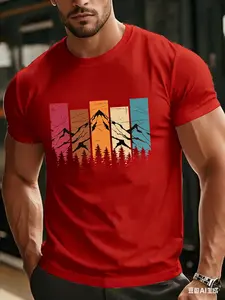 Classic T-Shirt with Vintage Mountain Print, Breathable Summer Essential, Perfect for Jeans and Sports Pants, Casual Slim Fit