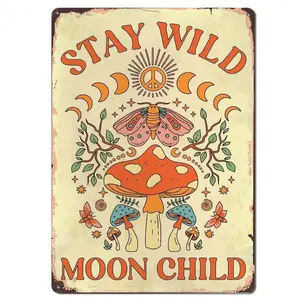 Stay Wild Moon Child" Vintage Mushroom Wall Art - 2D Flat, Rustic Wooden Decor with Peace Signs, for Youngsters' Room Bathroom or Living Room