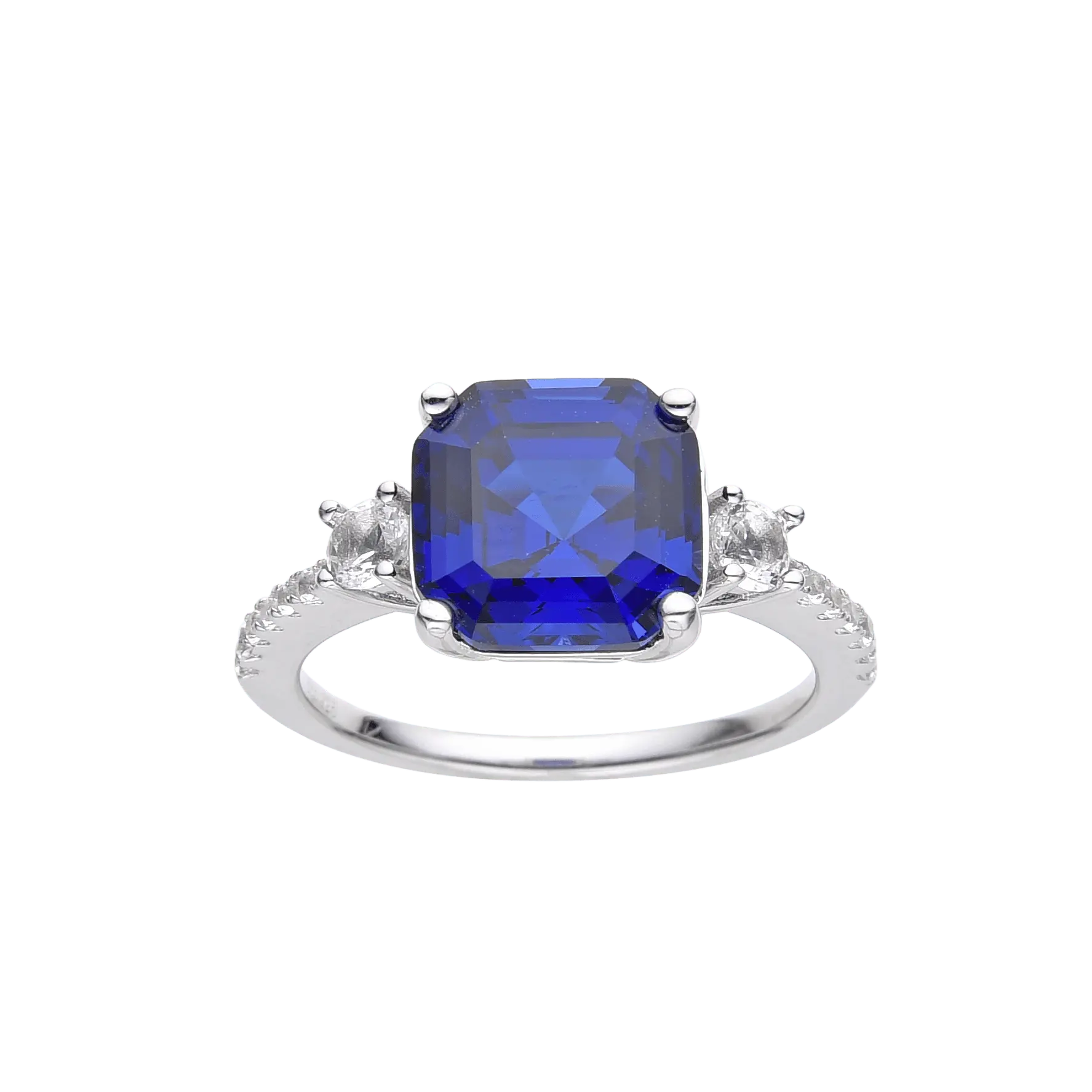 3.60 Ct Asscher Lab Created Blue Sapphire Prong Silver Three Stone Ring