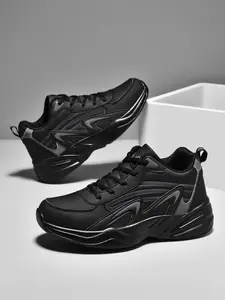 Unisex Edgy All-Black Trendy Shoes: Reflective Line Accents, Panel Leather, Non-Slip Platform Sole For Edgy Looks