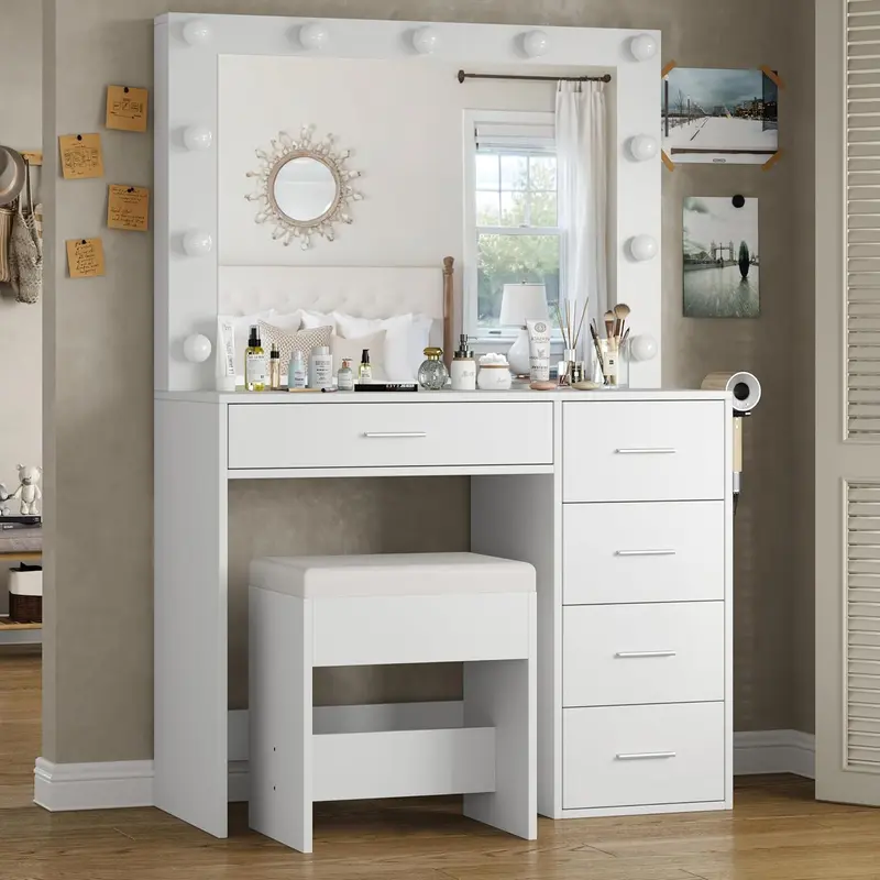 FUSOU 37" Vanity Desk with Mirror & LED Lights, Makeup Vanity with Power Outlet & USB, 3 Lighting Modes, Dressing Table with 5 Drawers & Stool for Bedroom, White