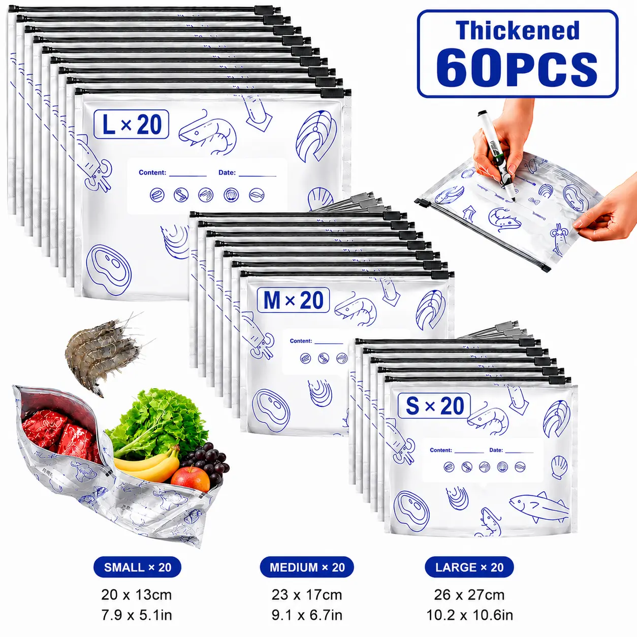 60PCS 3 Sizes 2026 New Upgraded Thickened Reusable Aluminum Foil Sealable Storage Bags, Airtight Vacuum Zipper Pouches, Leak Proof Freezer Safe Stand Up Bags with Label & Zip Lock for Meal Prep, Pantry, Vegetable, Fruit, Meat, Travel Snacks