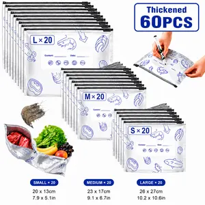 60PCS 3 Sizes 2026 New Upgraded Thickened Reusable Aluminum Foil Sealable Storage Bags, Airtight Vacuum Zipper Pouches, Leak Proof Freezer Safe Stand Up Bags with Label & Zip Lock for Meal Prep, Pantry, Vegetable, Fruit, Meat, Travel Snacks