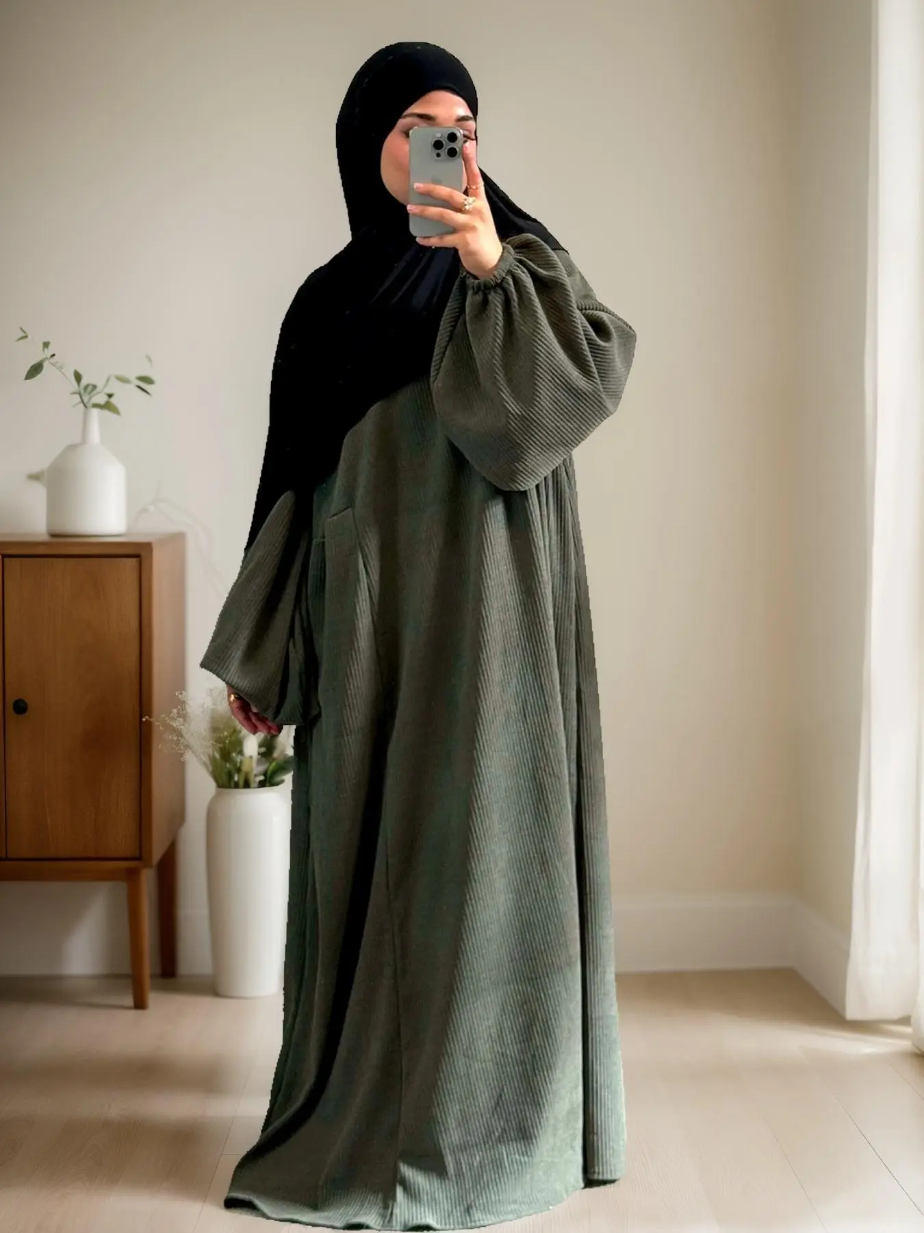 Women's Fall Winter Thick Long Dress, Elegant Fashion Muslim Ramadan Plain Color Warm Corduroy Puff Sleeve with Pocket Robe Dress
