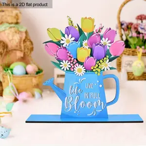 Wooden Watering Can Design Ornament, Colorful Tulip & Daisy Decor, Home Decor for Living Room Bedroom Garden Party