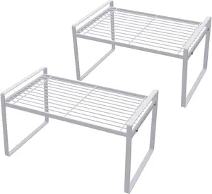 2 Pack Kitchen Cabinet Shelf Counter Organizer Rack Pantry Storage Bathroom Bedroom Office Table Desk Space Saving Steel Frame Stackable Rust Resistant Non Slip White Shantton