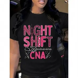 Night Shift CNA Graphic T-Shirt Black With Pink Plaid Text And Medical Symbols For Healthcare Workers