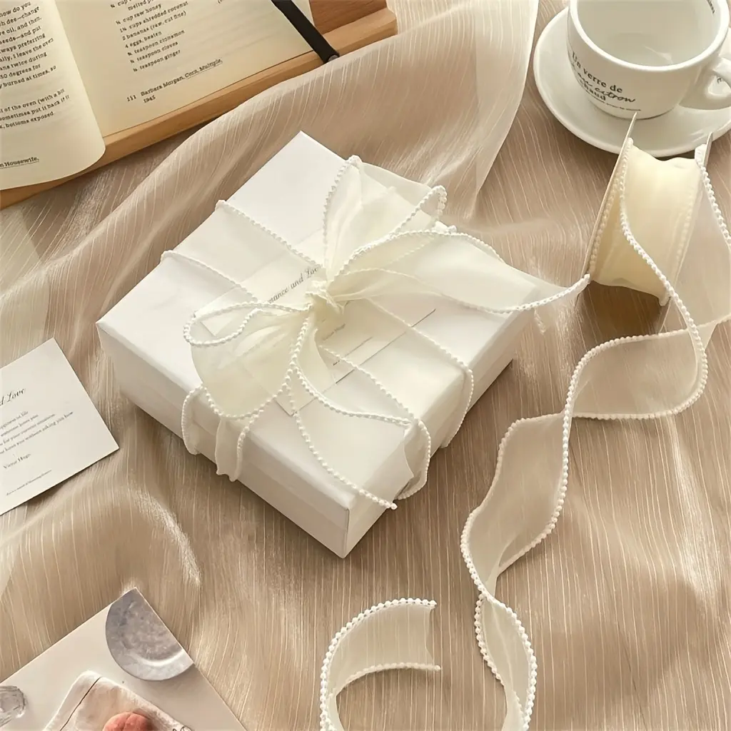 Pearl Adorned Satin Ribbon, 1 Roll Exquisite Polyester Decorative Trim - 450 cm for Crafts, Gift Packaging and Dressmaking, Single Roll, Lace, Exquisite Decor, 450 Centimeters