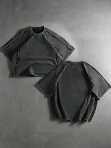 Vintage Washed Black Cropped Raglan Sleeve Oversized T-Shirt | Unisex Streetwear Loose Fit Distressed Tee | Casual Cropped Top for Daily Wear, Street Fashion, Summer Vacations & Y2K Style, Ideal for Minimalist Lovers & Trendsetters