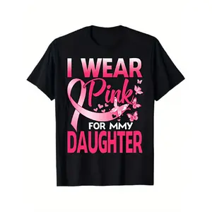 Men's & 's Breast Cancer Awareness T-Shirt - I Wear Pink for My Daughter Slogan, Black with Pink Ribbon & Design, Short Sleeve Crewneck Casual Tee, Charity Support Gift for Mom, Dad, Survivor, Advocate